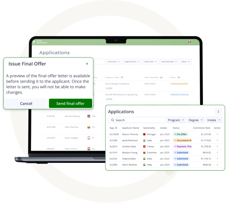 Capio International Student Admissions dashboard showing Bachelor of Industrial Design plan targets, with application goals, study permit metrics, and a Fall 2023 market allocation breakdown.